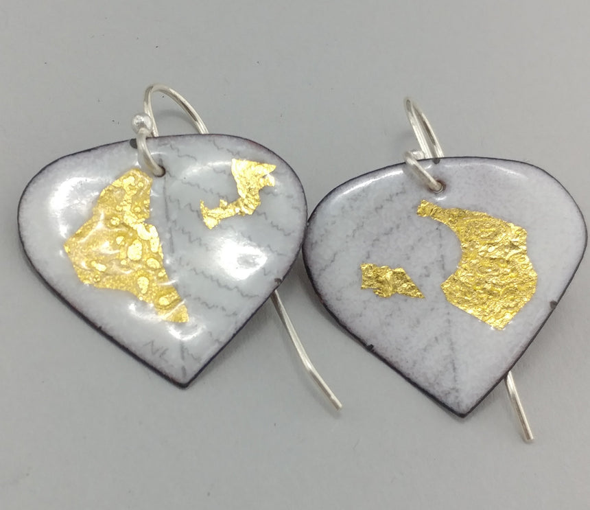 White and Gold Enamel Earrings; Sterling Silver and Enamel Earrings; White with Gold Earrings
