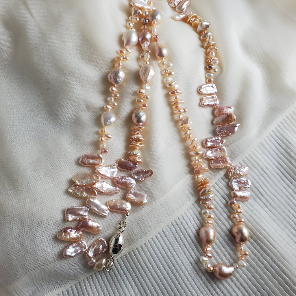 High-luster Peachy Pink Stick Biwa Freshwater Pearl Necklace, Hand knotted  Natural Pearls, Wedding Pearl Necklace.