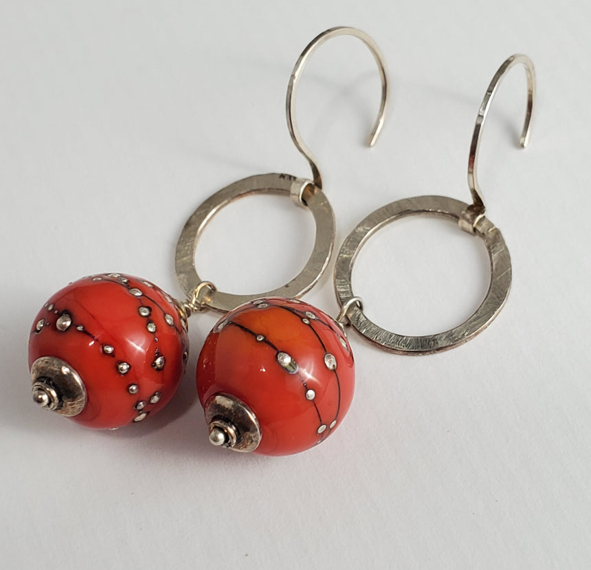 Red Lampwork and Silver Dangle Earrings, Hot Red Earrings, Kinetic Earrings, Red and Silver Earrings