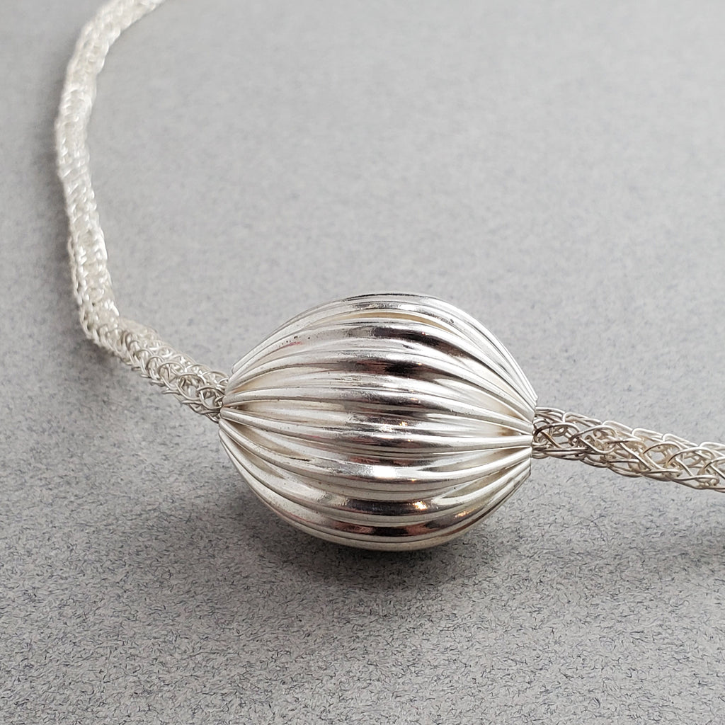 Asymmetrical Pleated Hollow Silver Bead on Handmade Woven Necklace