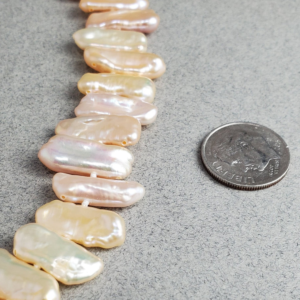 Freshwater Pearls, Flat Biwa Stick Shaped, Center-Drilled, Natural Peach  Approx. 10x25mm (16 Strand)