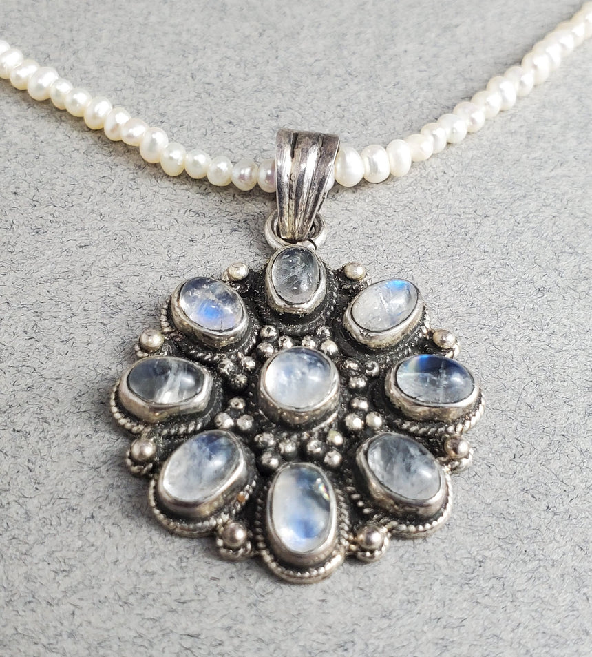 Vintage Pendant in Sterling Silver and Natural Laboradite on a Freshwater Seed Pearl Necklace, Layering Necklace