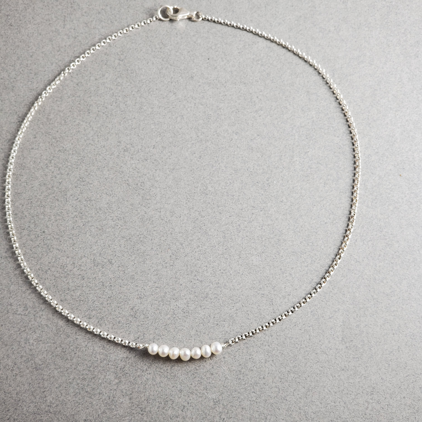 Delicate Pearl Necklace, Pearl Bar Sterling Necklace, Bridal Pearl Necklace