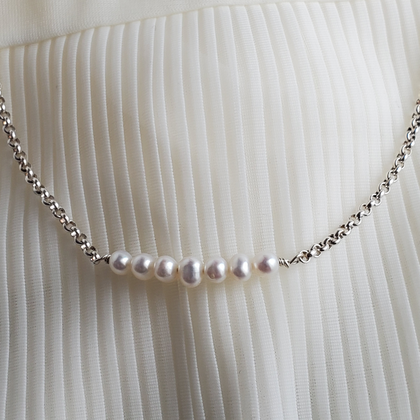 Delicate Pearl Necklace, Pearl Bar Sterling Necklace, Bridal Pearl Necklace