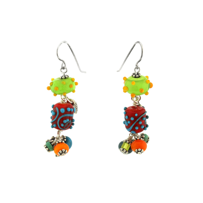 Exuberant Summer Fruity Colored Earrings, Lampwork Glass Earrings, Bright Kinetic Earrings,
