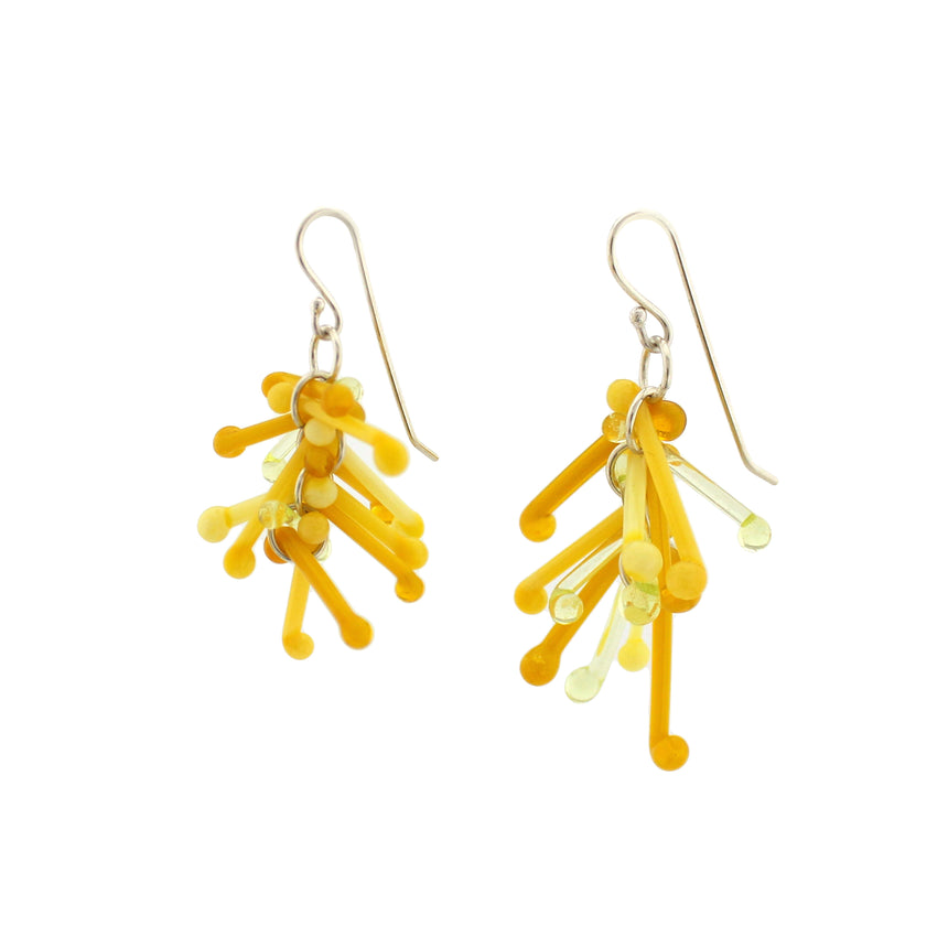 Shades of Yellow/Mustard Kinetic Earrings of Lampwork Glass Jack with sterling silver ear wires.