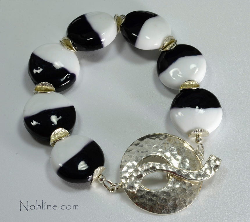 Elegant Black and White Lampwork Statement Bracelet, Handmade Sterling Silver Caps and Clasp, Unique B&W Bracelet,