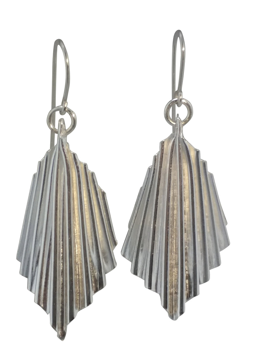 Large silver ruffled fan earrings, handmade sterling silver, kinetic earrings