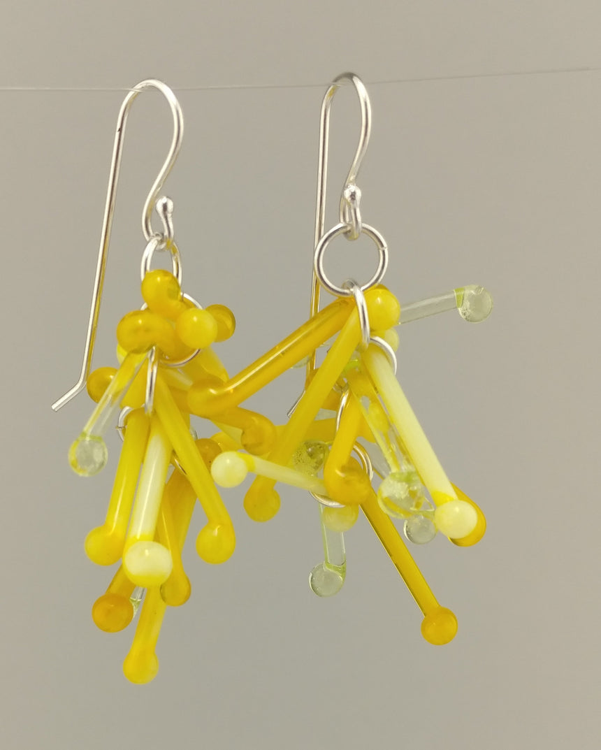 Shades of Yellow/Mustard Kinetic Earrings of Lampwork Glass Jack with sterling silver ear wires.