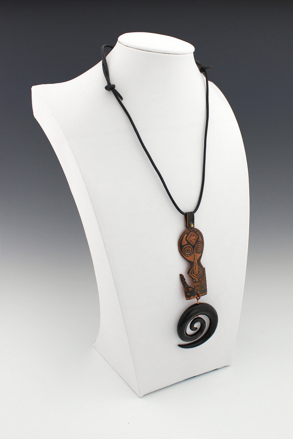 Large Tribal Silver Swirl Pendant and Black Leather Necklace