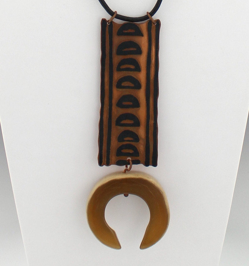 Etched Copper Tribal Pendant, Carved Bone Bead, leather cord.  Adjustable long or short.  Great over a sweater or for layering.