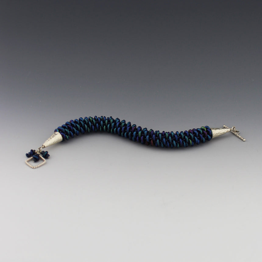 Glossy Peacock Blue Kumihimo Beaded Bracelet, Handmade Kumihimo, Lentil Beads, Evening Bracelet, Beaded Kumihimo,