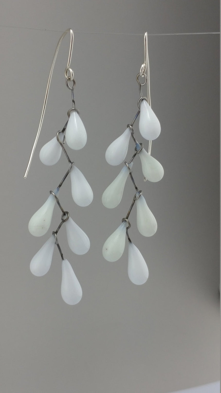 White glass chandelier earrings, white droplet chandelier, kinetic earrings, statement earrings