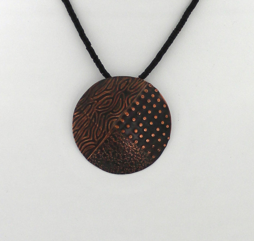 Multi-textured Copper Pendant on African Phono Vinyl Beads