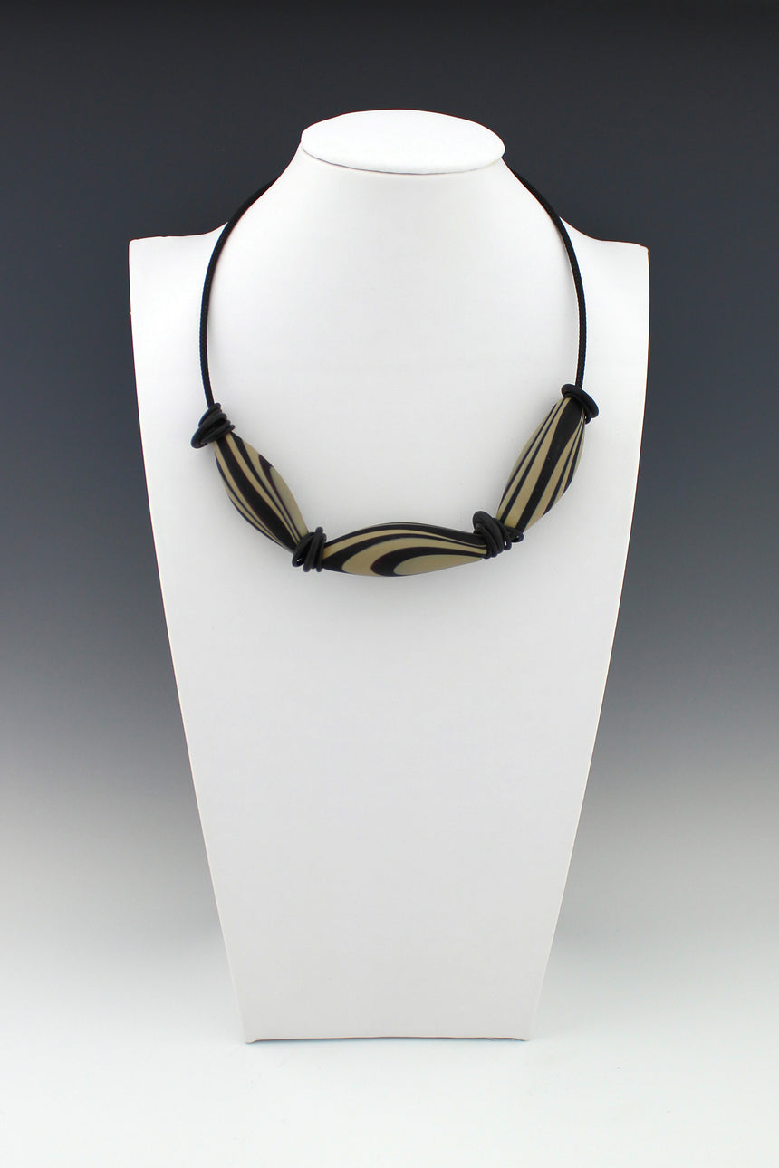 Black and Tan Graphic Hollow Bead Necklace, Faux Bois Bead Necklace, Lampwork Hollow Bead Necklace, Matt Bead Necklace