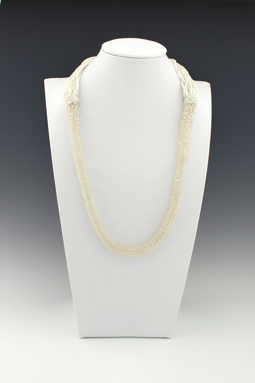 Hollow Crochet Silver Wire tube interspersed with white faceted bead necklace
