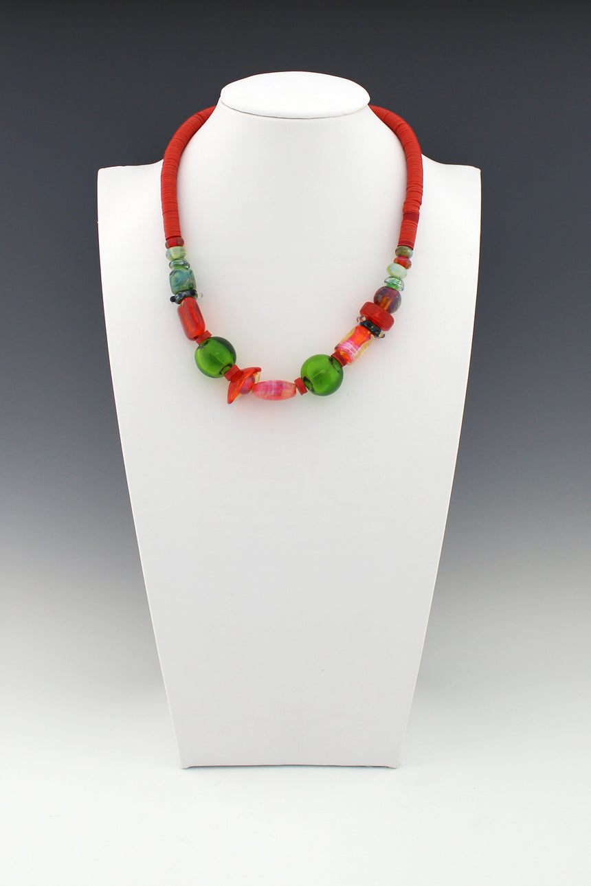 Coral and Green Lampwork Beads with Vintage Red Vinyl Bead Necklace, Glass Beach Necklace,  Tropical Color Necklace