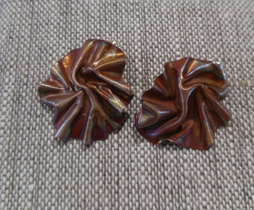 Copper earrings, scrunched like silk fabric, natural copper patina.  Copper studs.