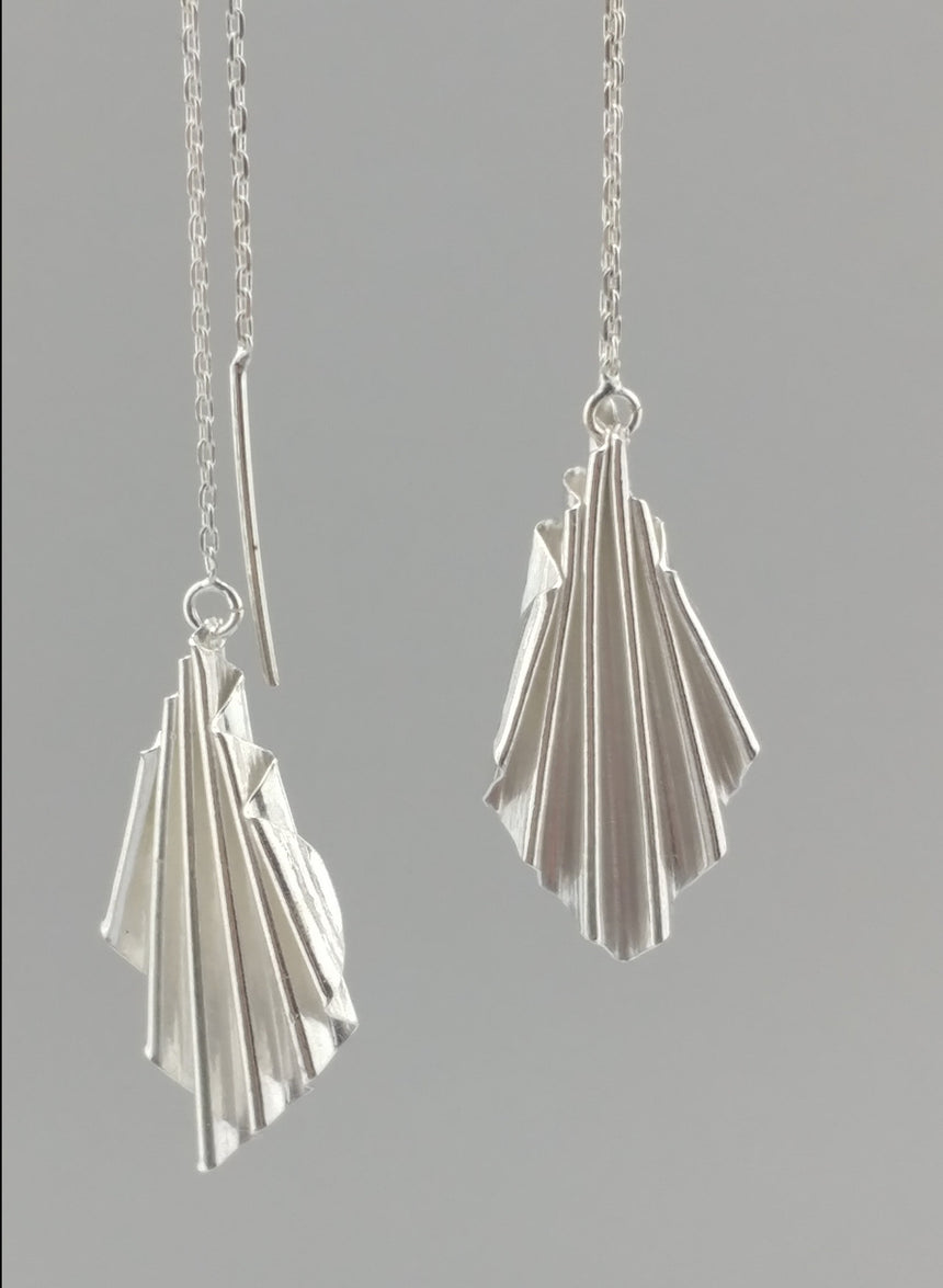 Silver Ruffle Ear Chains, Kinetic Fold Forms Silver Earrings, Fold Form Earrings, Fine Silver Earrings