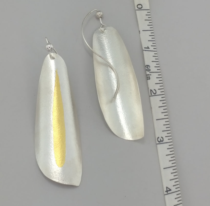 Winged Silver Earrings with Gold Keum Boo, Large Lightweight Silver and Gold Earrings,  Kinetic Earrings, Handmade and Unique Earrings