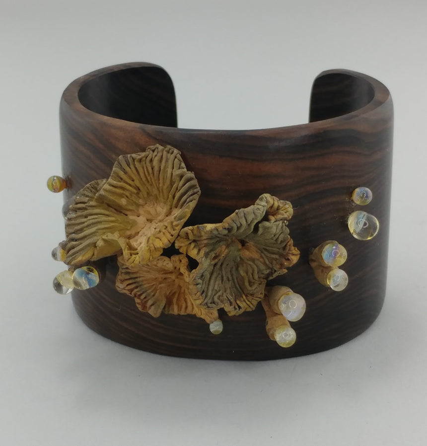 Wooden Cuff with Handcarved Bronze and Glass Sea Urchins, Bronze Metal Clay, Unique Cuff, One of a Kind Gift