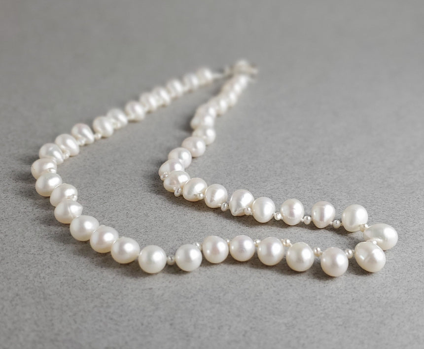 Lovers Knot White Freshwater Pearl Necklace, Hand knotted Natural Pearls, Wedding Pearl Necklace, Drop Pearl Necklace