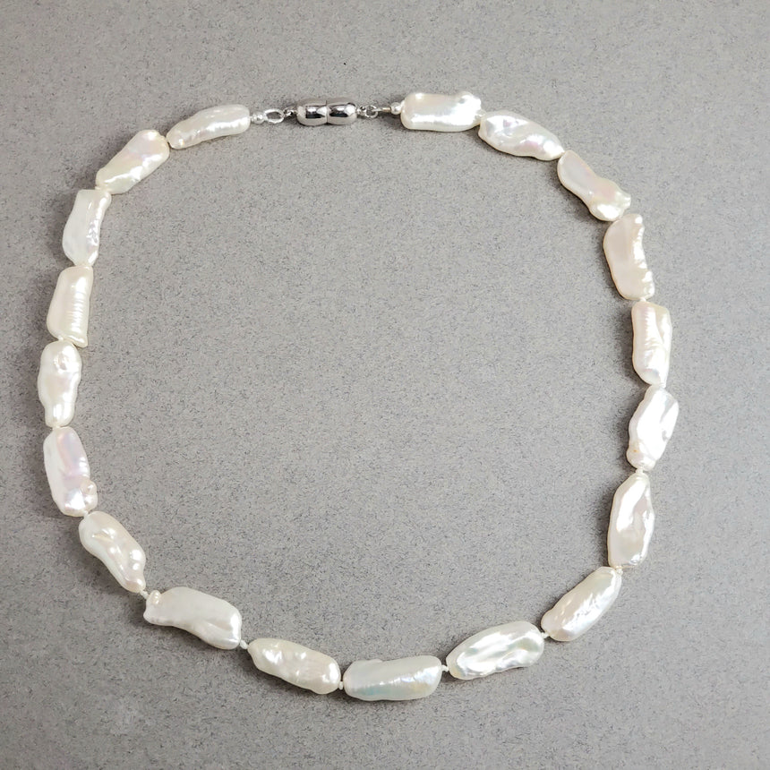 White Biwa Stick Freshwater Pearl Necklace, Hand knotted Natural Pearls, Wedding Pearl Necklace.