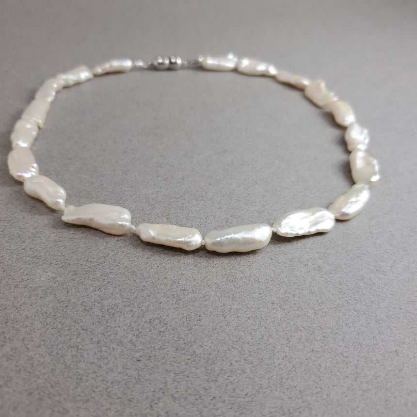 White Biwa Stick Freshwater Pearl Necklace, Hand knotted Natural Pearls, Wedding Pearl Necklace.