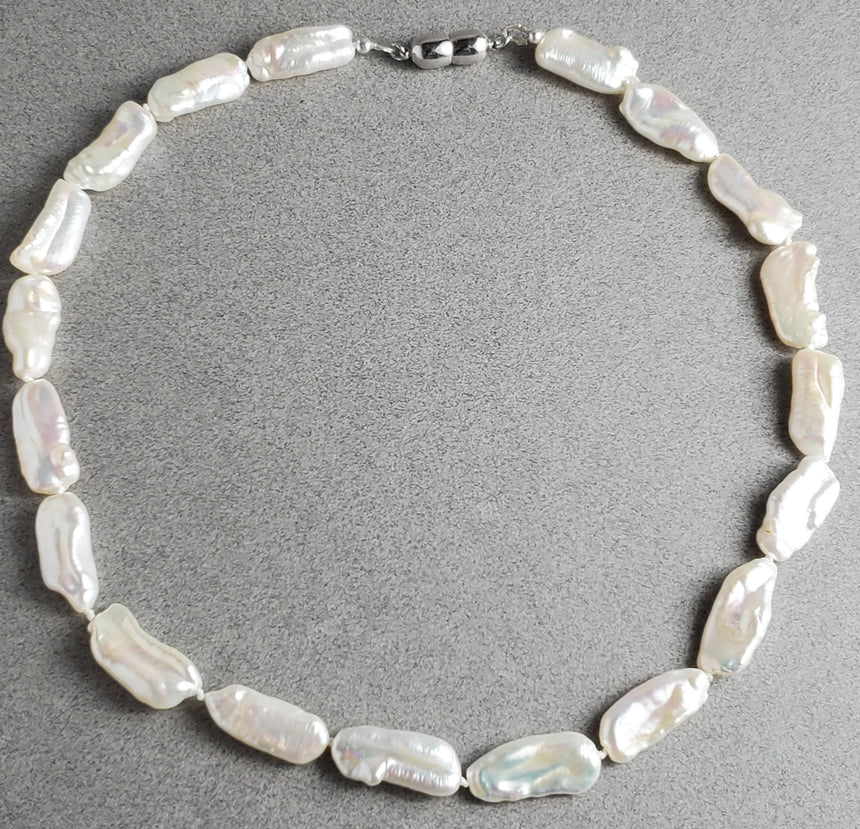 Biwa Stick Freshwater Pearl Necklace, Hand knotted Natural Pearls, Wedding Pearl Necklace.