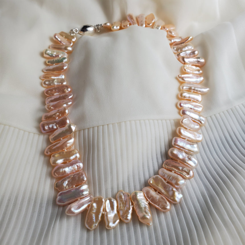 High-luster Peachy Pink Stick Biwa Freshwater Pearl Necklace, Hand knotted Natural Pearls, Wedding Pearl Necklace.