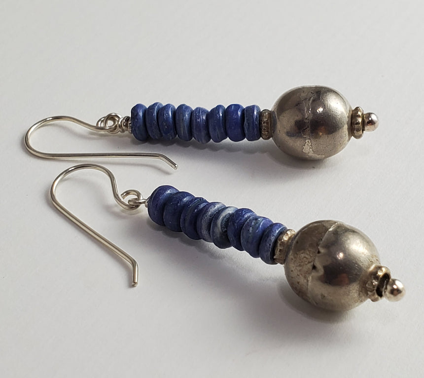 Boho Blue and Silver Bead Earrings, Indian Tribal Style, Vintage Bead Earrings, Kinetic Earrings