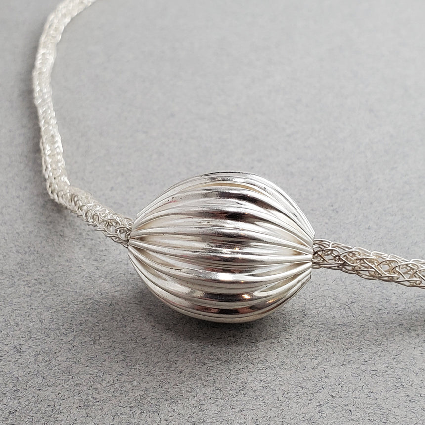 Asymmetrical Pleated Hollow Silver Bead on Handmade Woven Necklace, Fold Formed Silver Necklace, Viking Knit Chain and Fine Silver Ball