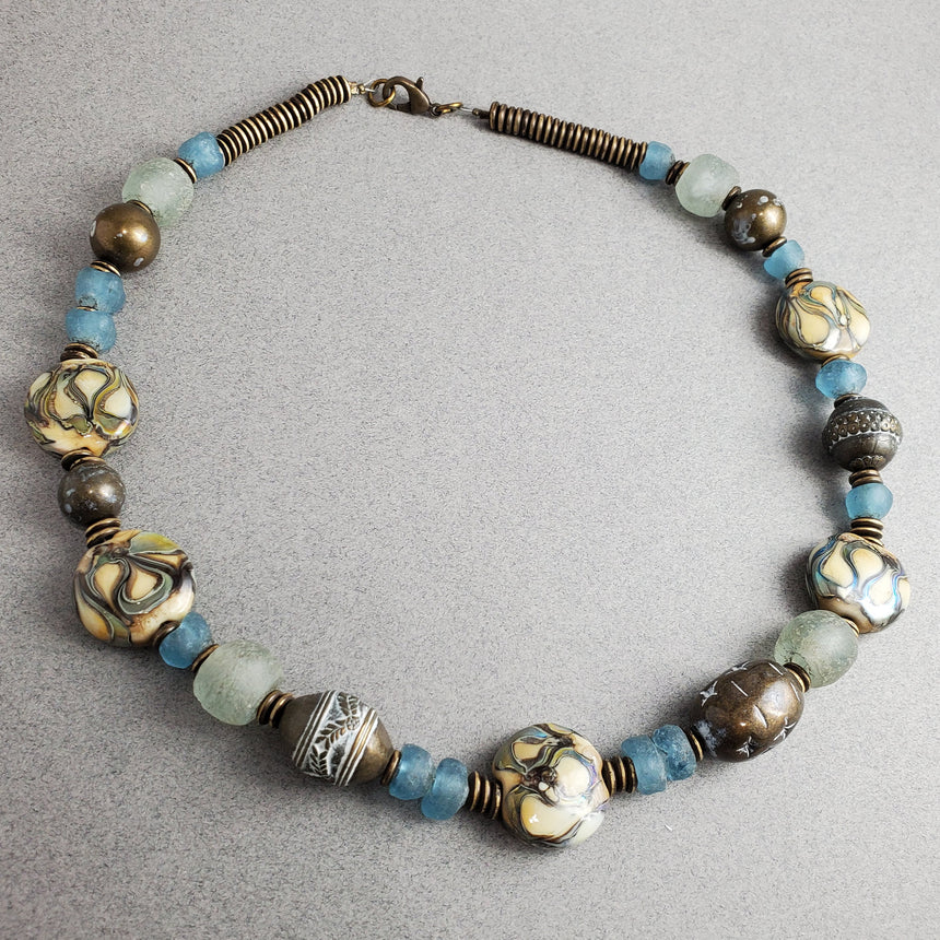 Shore Line - Ocean Blues, Sandy Shores and Rustic brass necklace, Beach necklace,