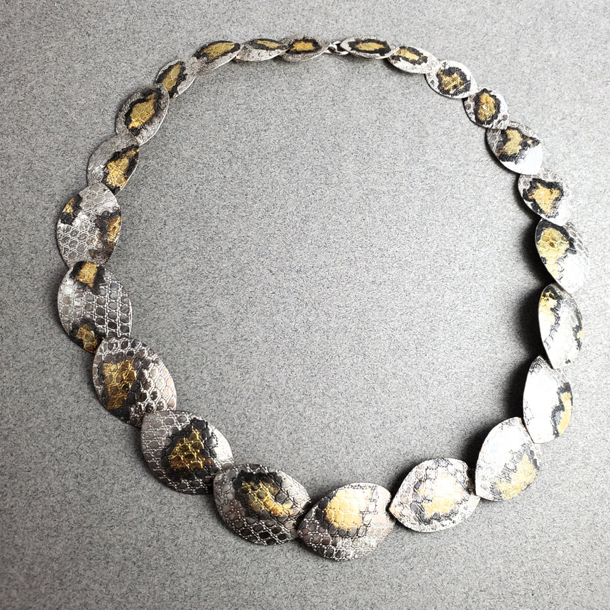 Silver and Gold Snakeskin Necklace, Silver and Gold Keum Boo Textured Necklace, Statement Animal Print Necklace