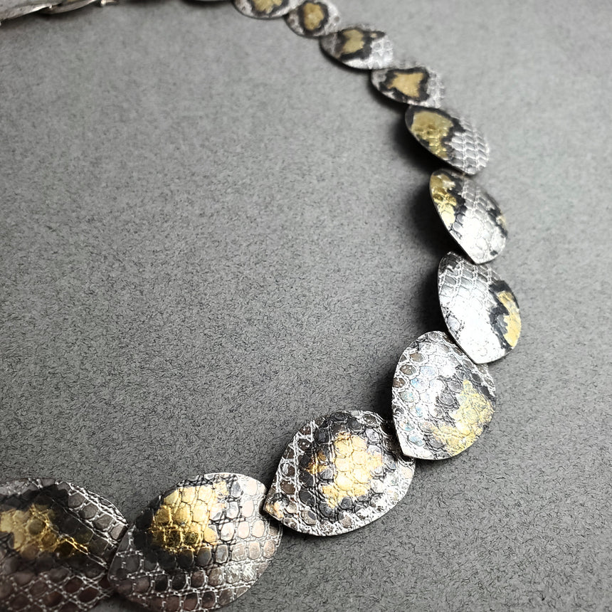 Silver and Gold Snakeskin Necklace, Silver and Gold Keum Boo Textured Necklace, Statement Animal Print Necklace