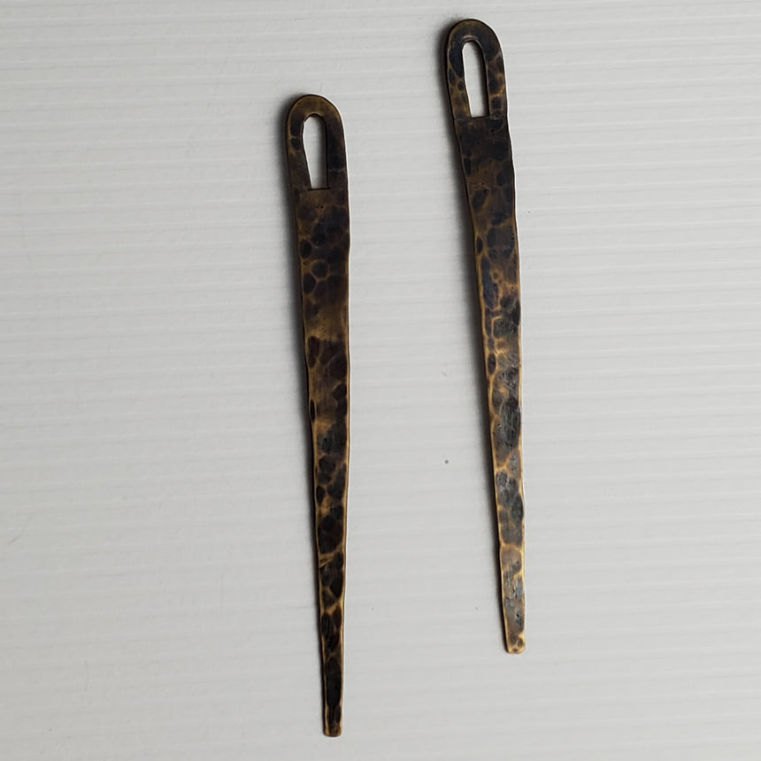 Long brass spike studs, hammered finish, tribal earrings