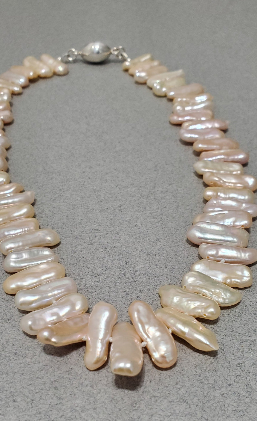 Peach Pillow Biwa Freshwater Pearl Necklace, Hand Knotted Natural Pearls, Wedding Pearl Necklace.