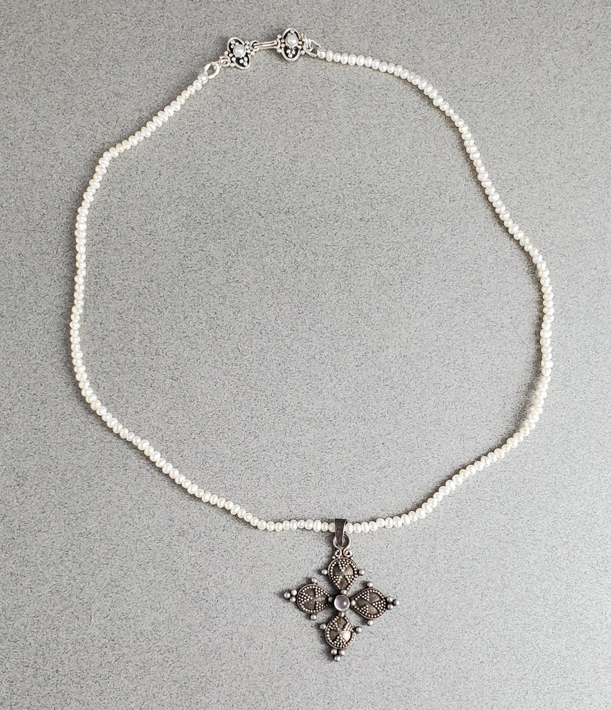 Vintage Cross on a Freshwater Pearl Necklace, Seed Pearls, Silver Granulation Cross with Labradorite, Statement Pearl Necklace