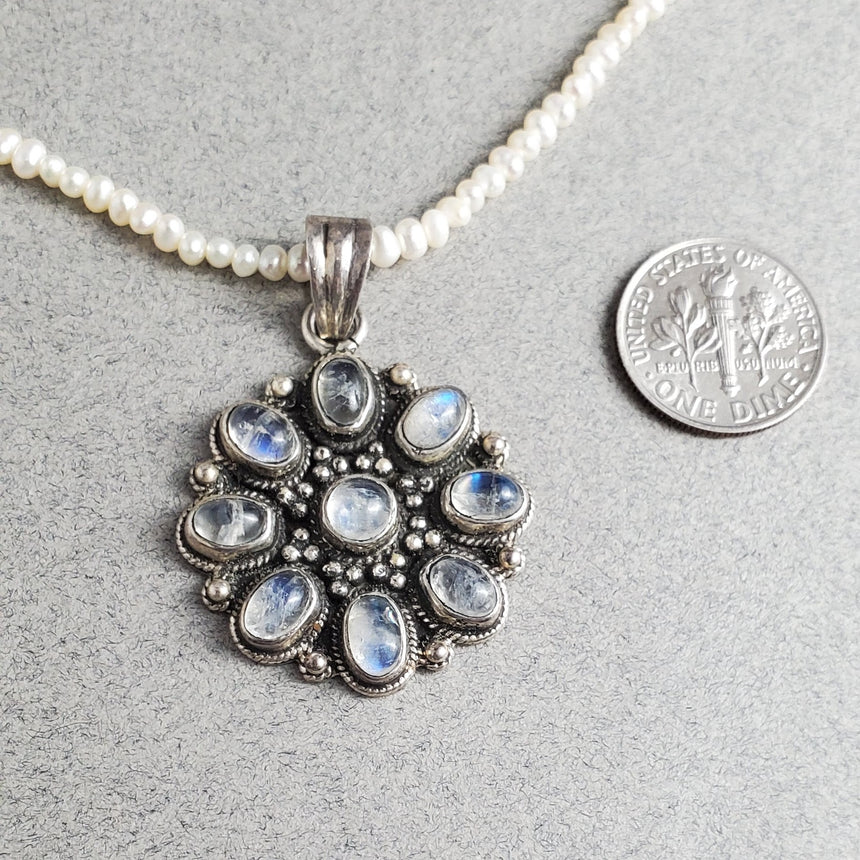 Vintage Pendant in Sterling Silver and Natural Laboradite on a Freshwater Seed Pearl Necklace, Layering Necklace
