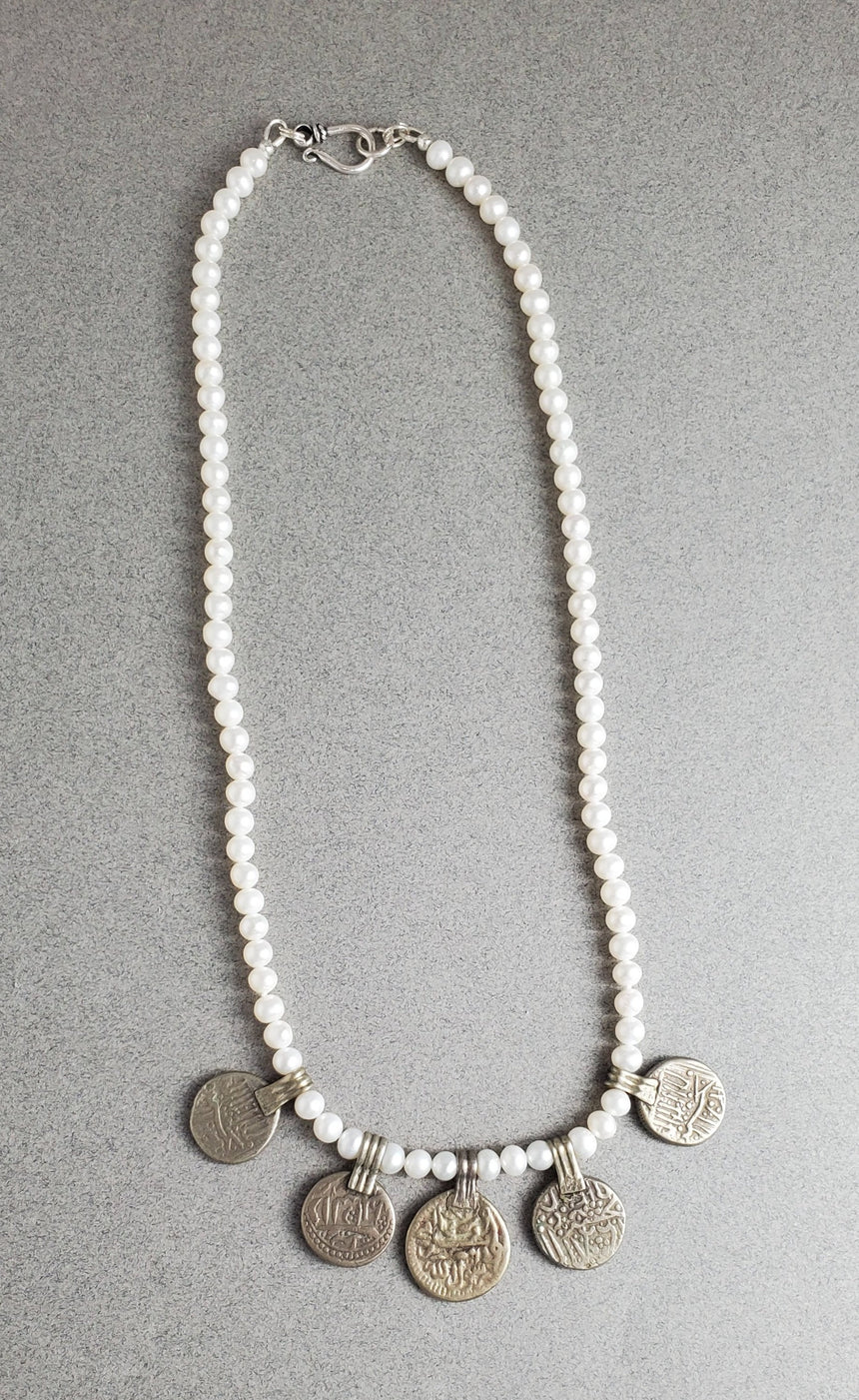 Vintage Arabic Coin Drops in Sterling Silver on a Freshwater Round Pearl Necklace, Layering Necklace, Boho Necklace