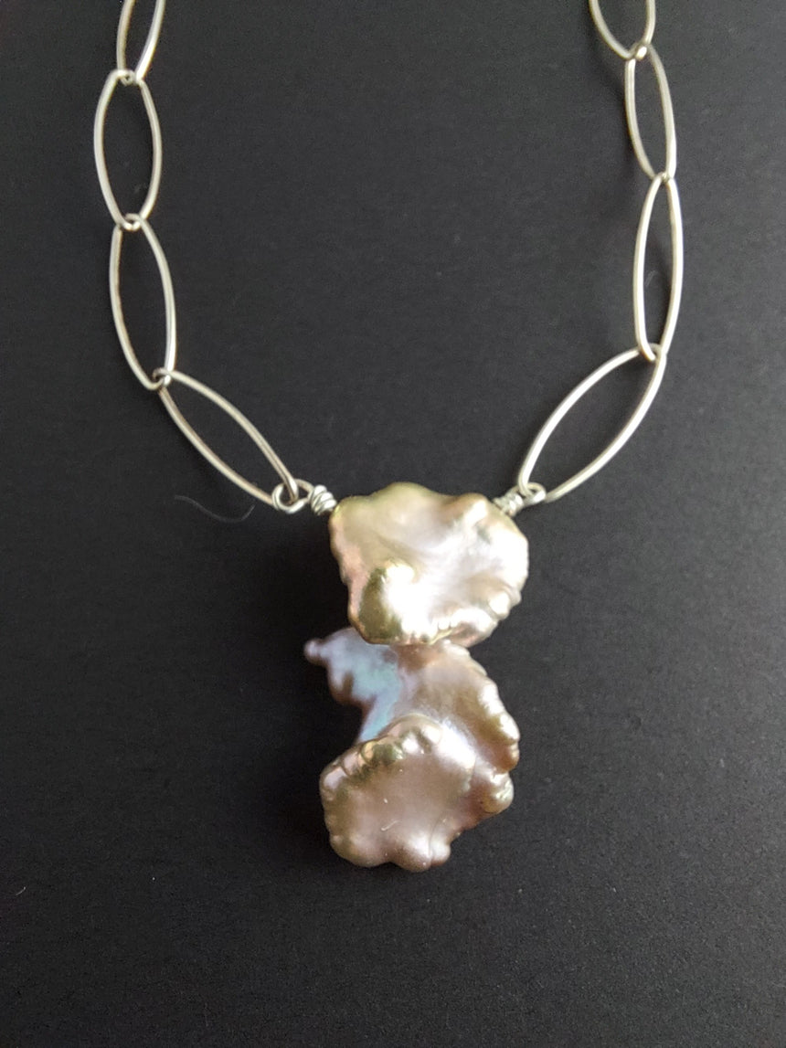 Pink Unique Large Baroque Iridescent Pearl Pendant choker on a silver chain. Wedding Pearl Necklace. Summer Pearls