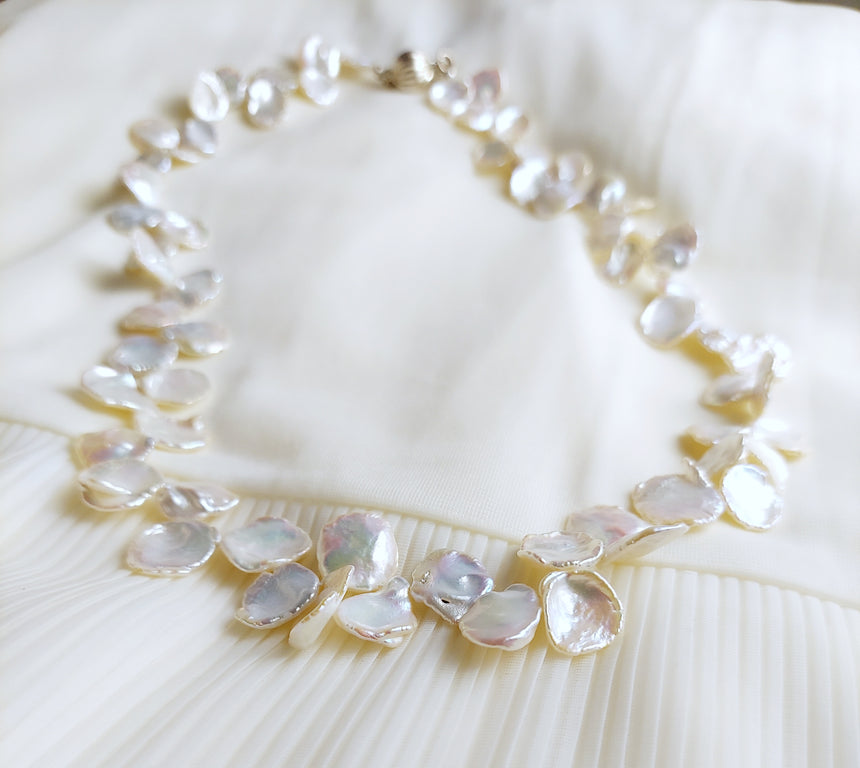 Petal Freshwater Pearl Necklace, Hand knotted Natural Pearls, Wedding Pearl Necklace.