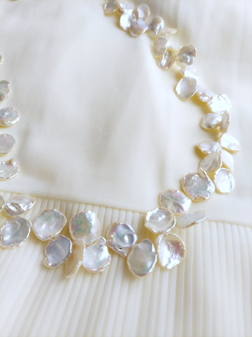 Petal Freshwater Pearl Necklace, Hand knotted Natural Pearls, Wedding Pearl Necklace.