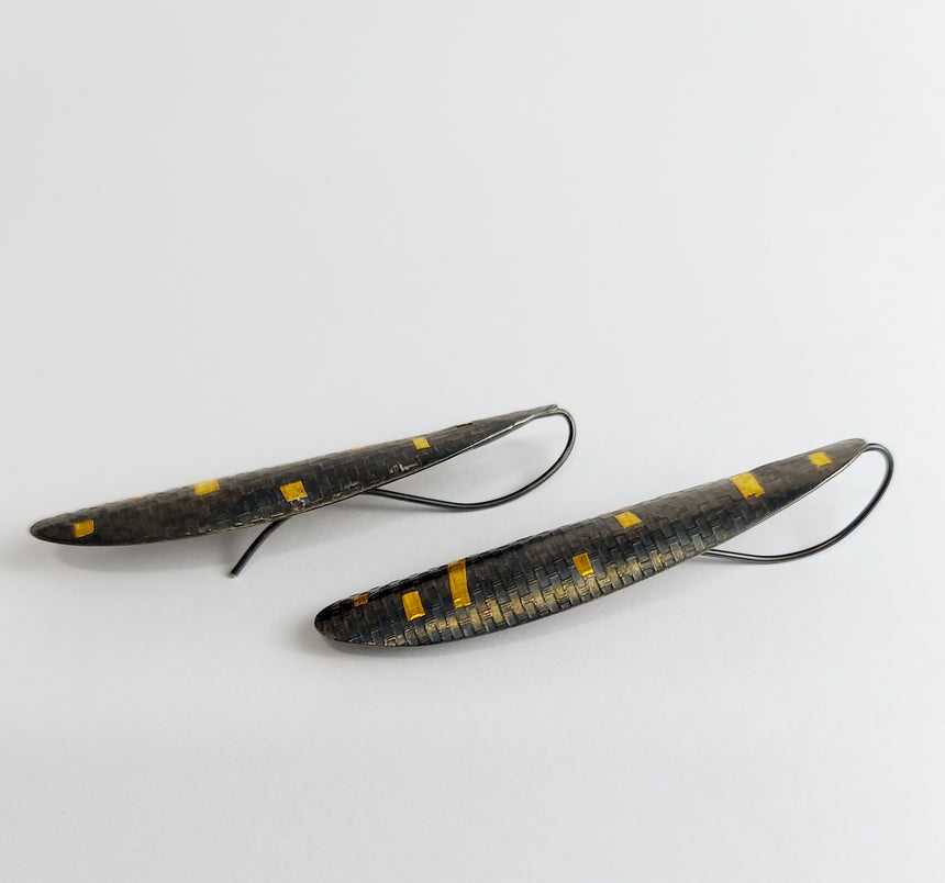 Black and Gold Statement Earrings, Sterling Silver, 24 karat Gold Keum Boo, Black Patina, Kinetic Earrings, Statement Earrings