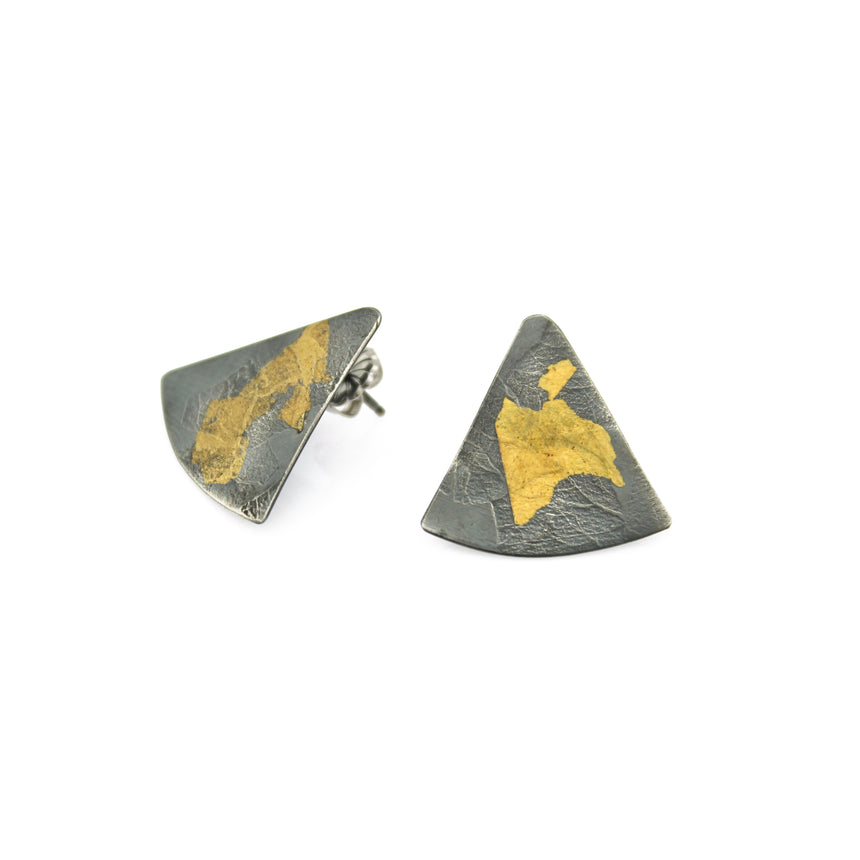 Triangle keum boo earrings, Dark patina on Egg Textured Silver Ear Studs