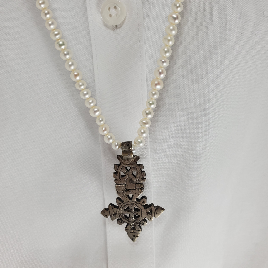 Long Pearl Strand with Ethiopian Silver Cross, Ethiopian Cross Necklace, Vintage Silver Ethiopian Cross Necklace