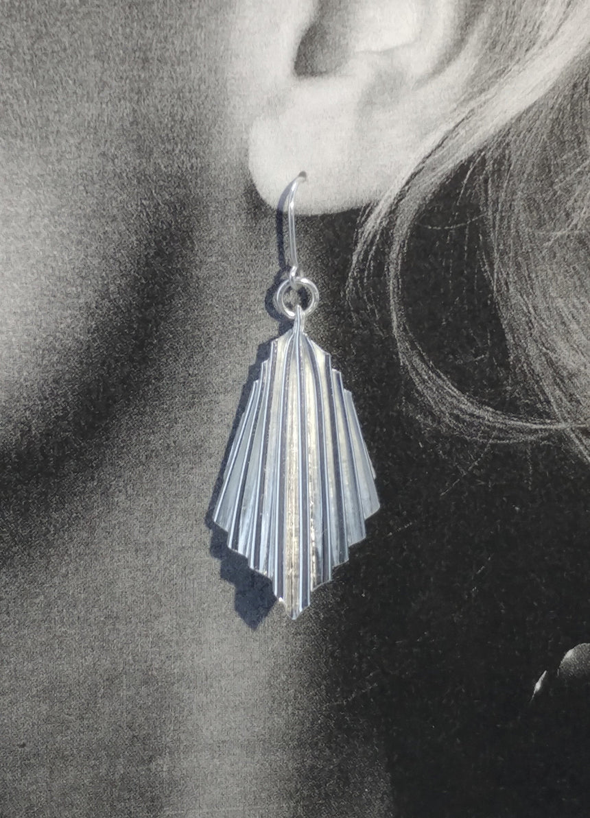 Large silver ruffled fan earrings, handmade sterling silver, kinetic earrings