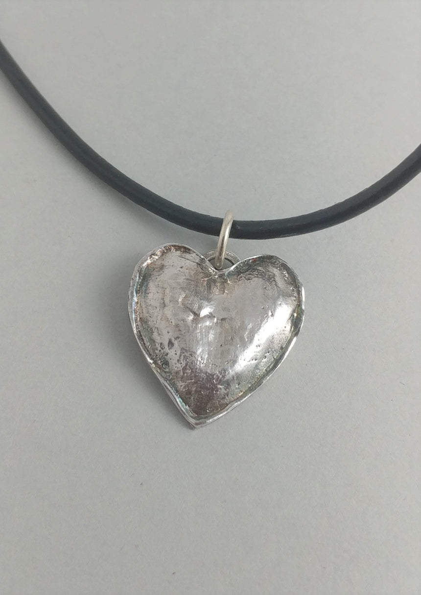 Puffy Recycled Silver Heart Pendant on Leather Cord with Silver Clasp