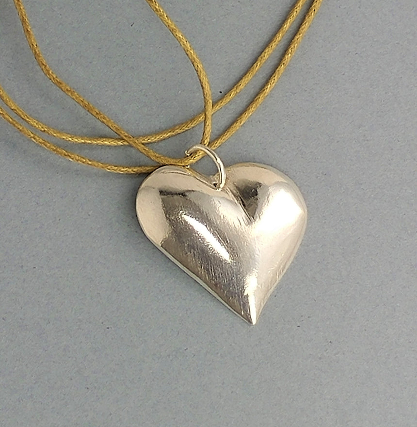 Small Fine Silver Cast Heart Pendant on Waxed Cotton neck cord