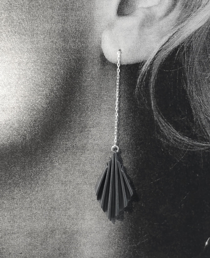 Black Patina Silver Ruffle Ear Chains,  Kinetic Fold Formed Silver Earrings, Fold Form Earrings, Fine Silver Earrings